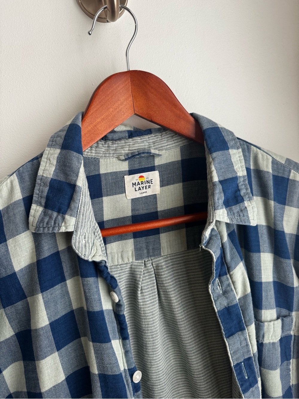 Marine Layer Blue and Sage Green Check Button-Down Shirt